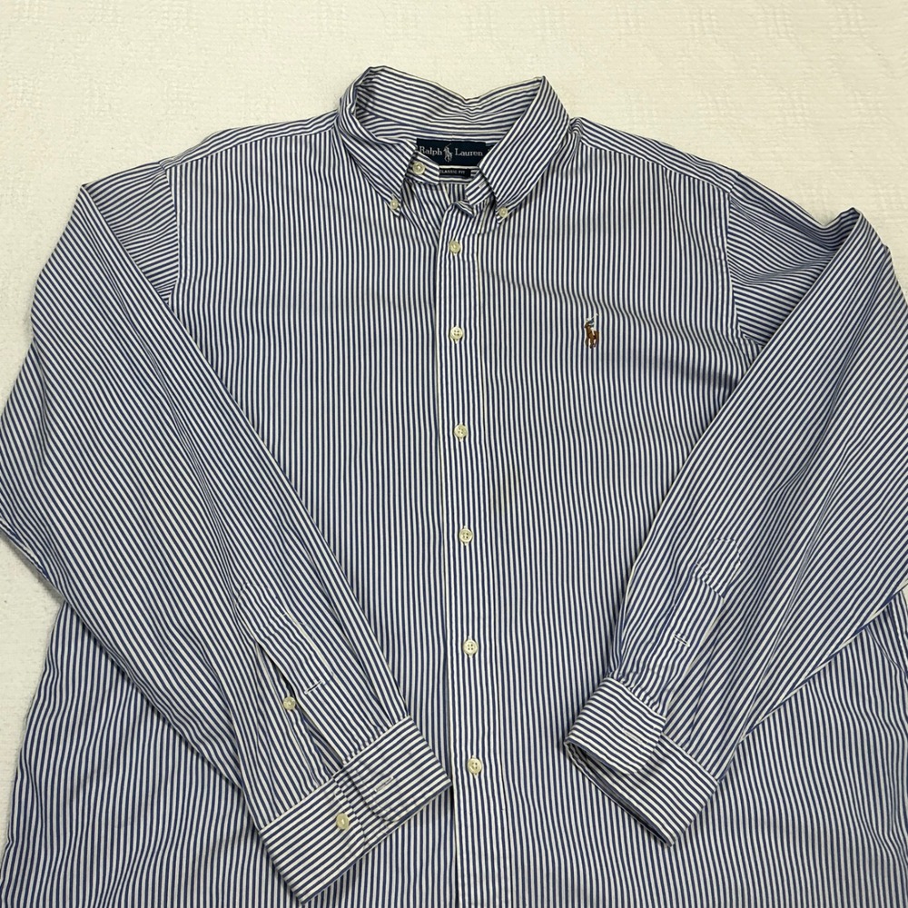 Ralph Lauren Mens XXL Classic Fit Blue White‎ Striped Button Down Long Sleeve